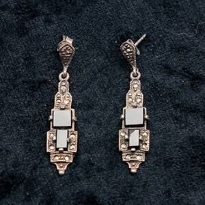 Art Deco Sterling Silver Onyx and Marcasite dangle earrings